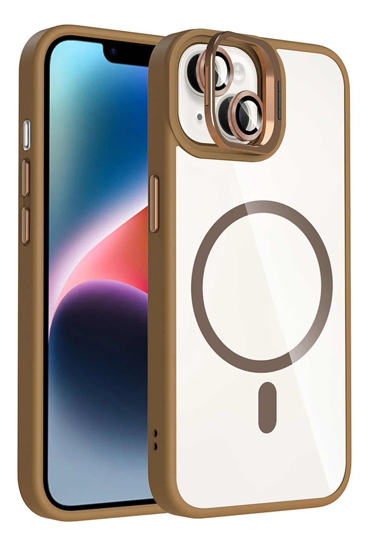 Apple iPhone 15 Remim Lensli Magsafe Standlı Kapak - Kahverengi-(5796)