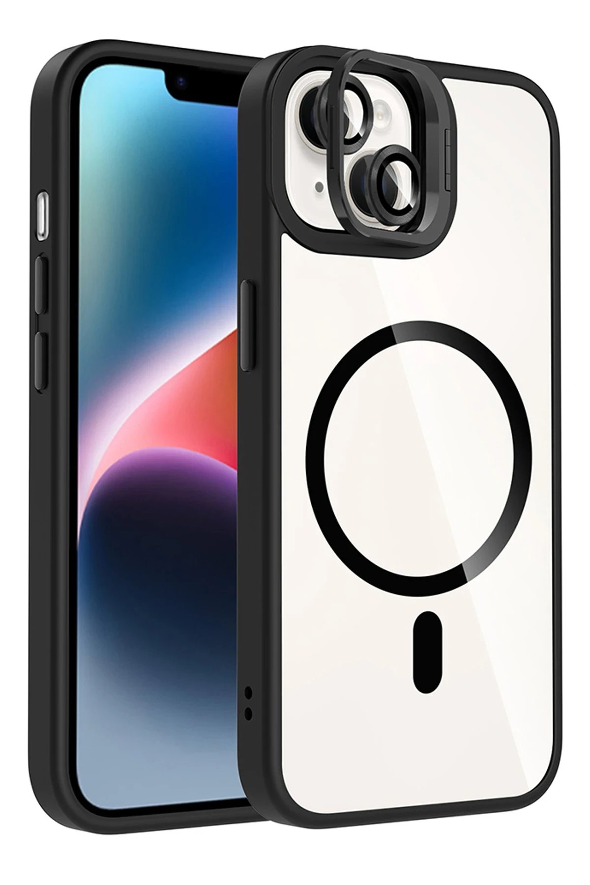 Apple iPhone 15 Remim Lensli Magsafe Standlı Kapak - Siyah-(5796)
