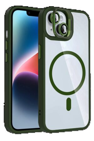 Apple iPhone 15 Plus Remim Lensli Magsafe Standlı Kapak - Koyu Yeşil-(5796)