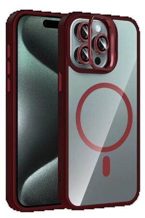 Apple iPhone 15 Pro Max Remim Lensli Magsafe Standlı Kapak - Bordo-(5796)