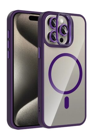 Apple iPhone 15 Pro Max Remim Lensli Magsafe Standlı Kapak - Derin Mor-(5796)