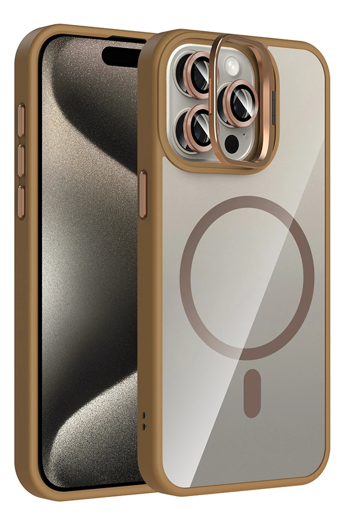 Apple iPhone 15 Pro Max Remim Lensli Magsafe Standlı Kapak - Kahverengi-(5796)
