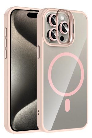 Apple iPhone 15 Pro Max Remim Lensli Magsafe Standlı Kapak - Pembe-(5796)