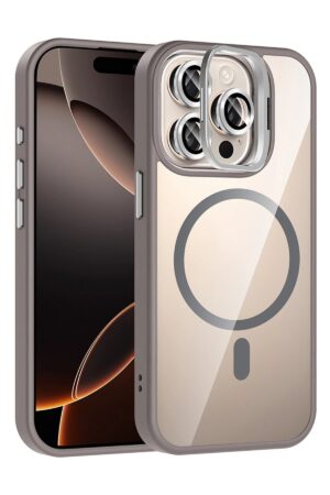 Apple iPhone 15 Pro Max Remim Lensli Magsafe Standlı Kapak - Titan Gri-(5796)