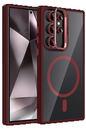 Samsung Galaxy S23 Ultra Remim Lensli Magsafe Standlı Kapak - Bordo-(5796)