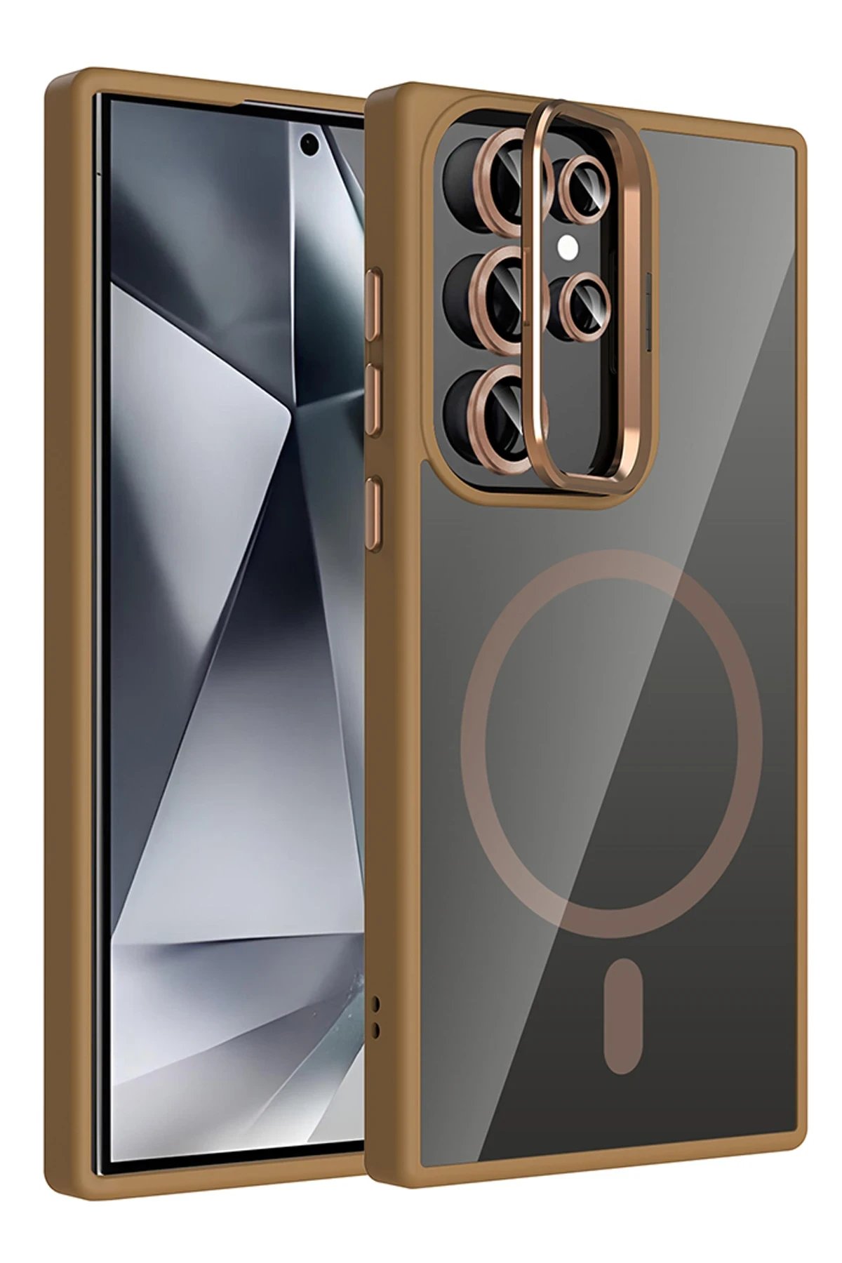 Samsung Galaxy S23 Ultra Remim Lensli Magsafe Standlı Kapak - Kahverengi-(5796)