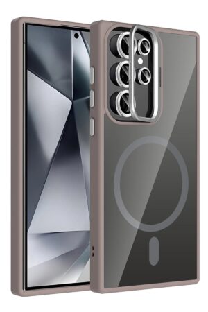 Samsung Galaxy S23 Ultra Remim Lensli Magsafe Standlı Kapak - Titan Gri-(5796)