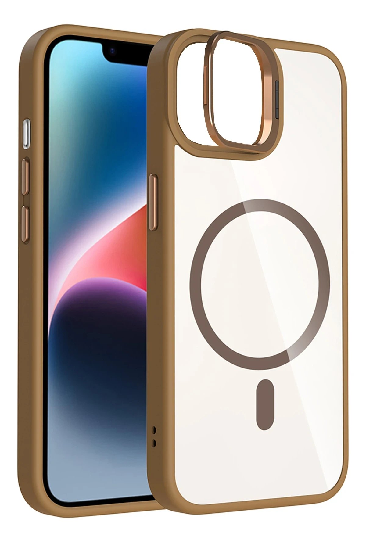 Apple iPhone 11 Remim Lensli Magsafe Standlı Kapak - Kahverengi-(5796) - Görsel 2