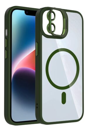 Apple iPhone 11 Remim Lensli Magsafe Standlı Kapak - Koyu Yeşil-(5796)