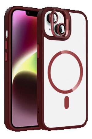 Apple iPhone 13 Remim Lensli Magsafe Standlı Kapak - Bordo-(5796)