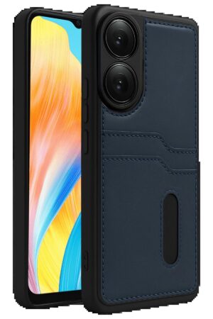 Oppo A38 Sara Kartvizitli Deri Kılıf - Lacivert-(5796)