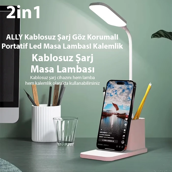 ALLY Kablosuz sarj Göz Korumali Portatif Led Masa Lambasi Kalemlik-(5775) - Görsel 2