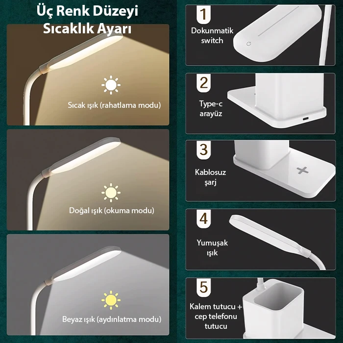 ALLY Kablosuz sarj Göz Korumali Portatif Led Masa Lambasi Kalemlik-(5775) - Görsel 4