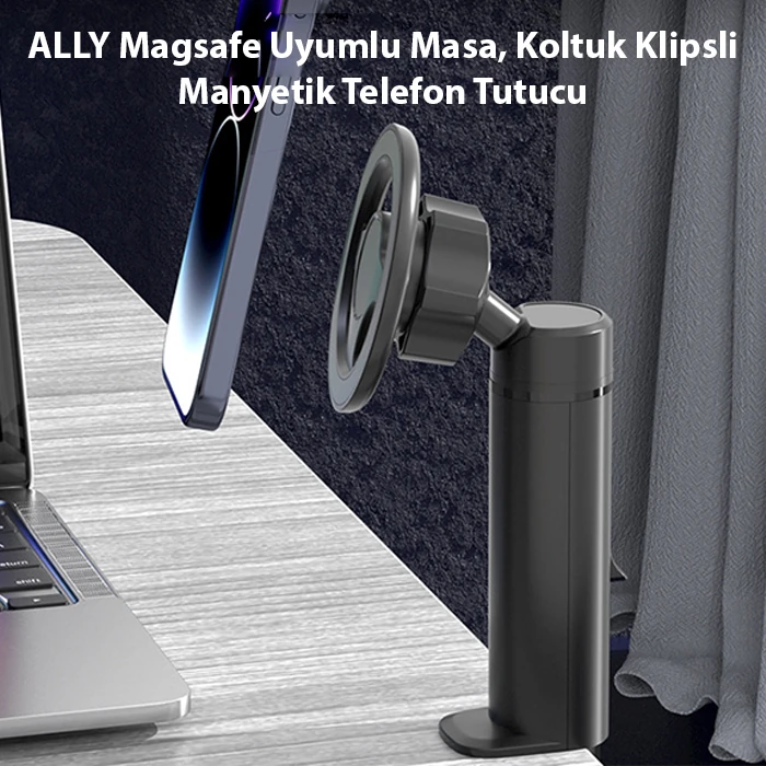 ALLY Magsafe Uyumlu Masa Koltuk Klipsli Manyetik Telefon Tutucu-(5775) - Görsel 2