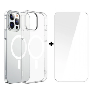 Baseus Crystal iPhone 13 Pro Max 6.7 Magsafe Silikon Kılıf + Tempered Ekran Koruyucu Set-(5775)