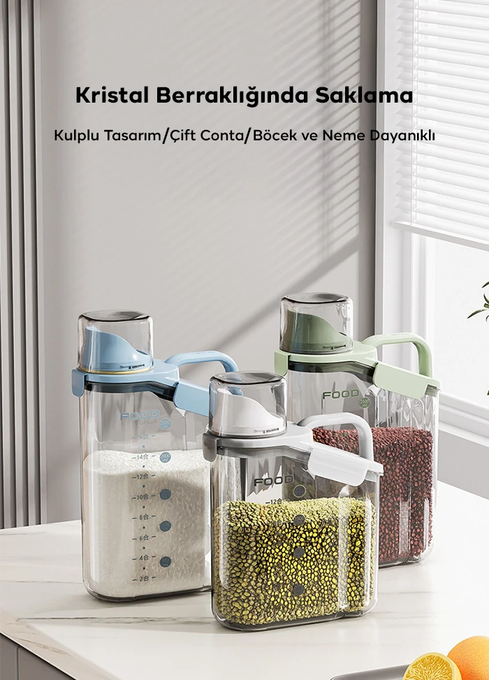 EZERE Büyük Kapasiteli Ölçülü Tahıl-Gıda-Baharat 1600ml Şeffaf Saklama Kutusu-(5775) - Görsel 2
