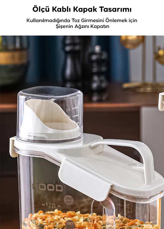 EZERE Büyük Kapasiteli Ölçülü Tahıl-Gıda-Baharat 1600ml Şeffaf Saklama Kutusu-(5775) - Görsel 3