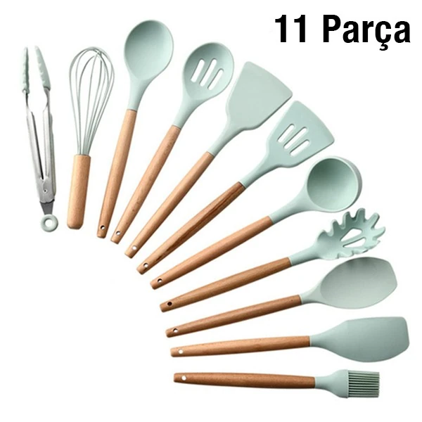 Ezere 11 Parça Silikon Uçlu Ahşap Saplı Mutfak Seti Ve Saklama Kutusu-(5775) - Görsel 2