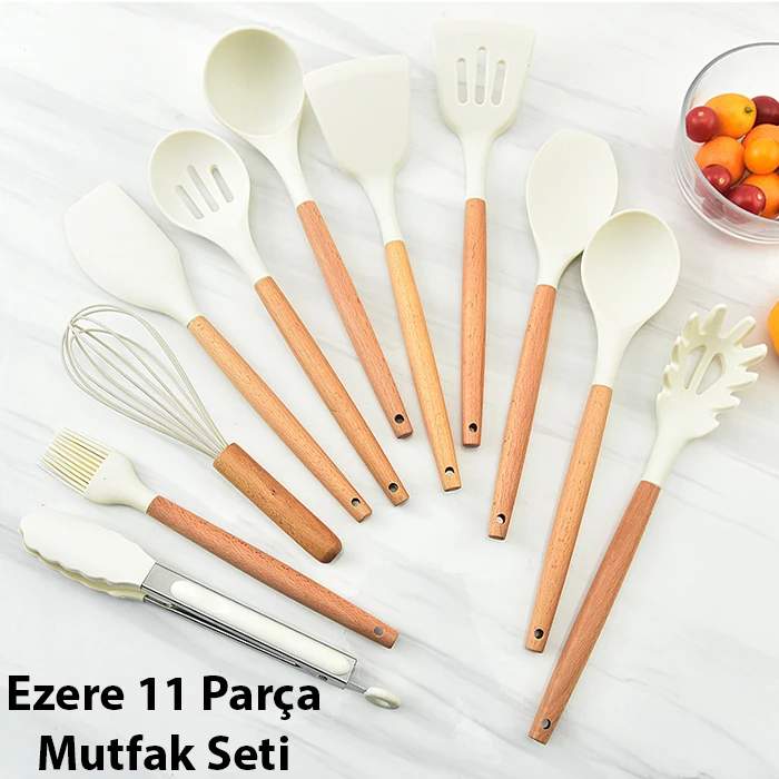 Ezere 11 Parça Silikon Uçlu Ahşap Saplı Mutfak Seti Ve Saklama Kutusu-(5775) - Görsel 5