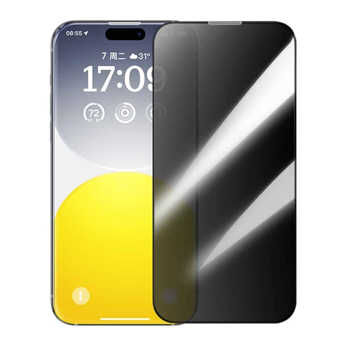 Baseus Crystal iPhone 15 Pro Max Privacy Full Koruma Tempered Cam Ekran Koruyucu 2 Adet Set-(5775)