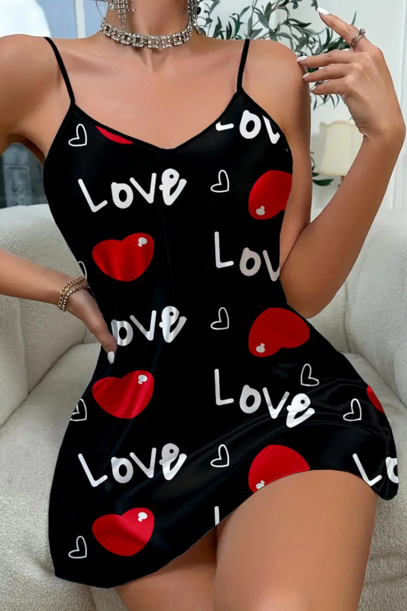 Love Desenli Siyah Saten Gecelik - Görsel 4