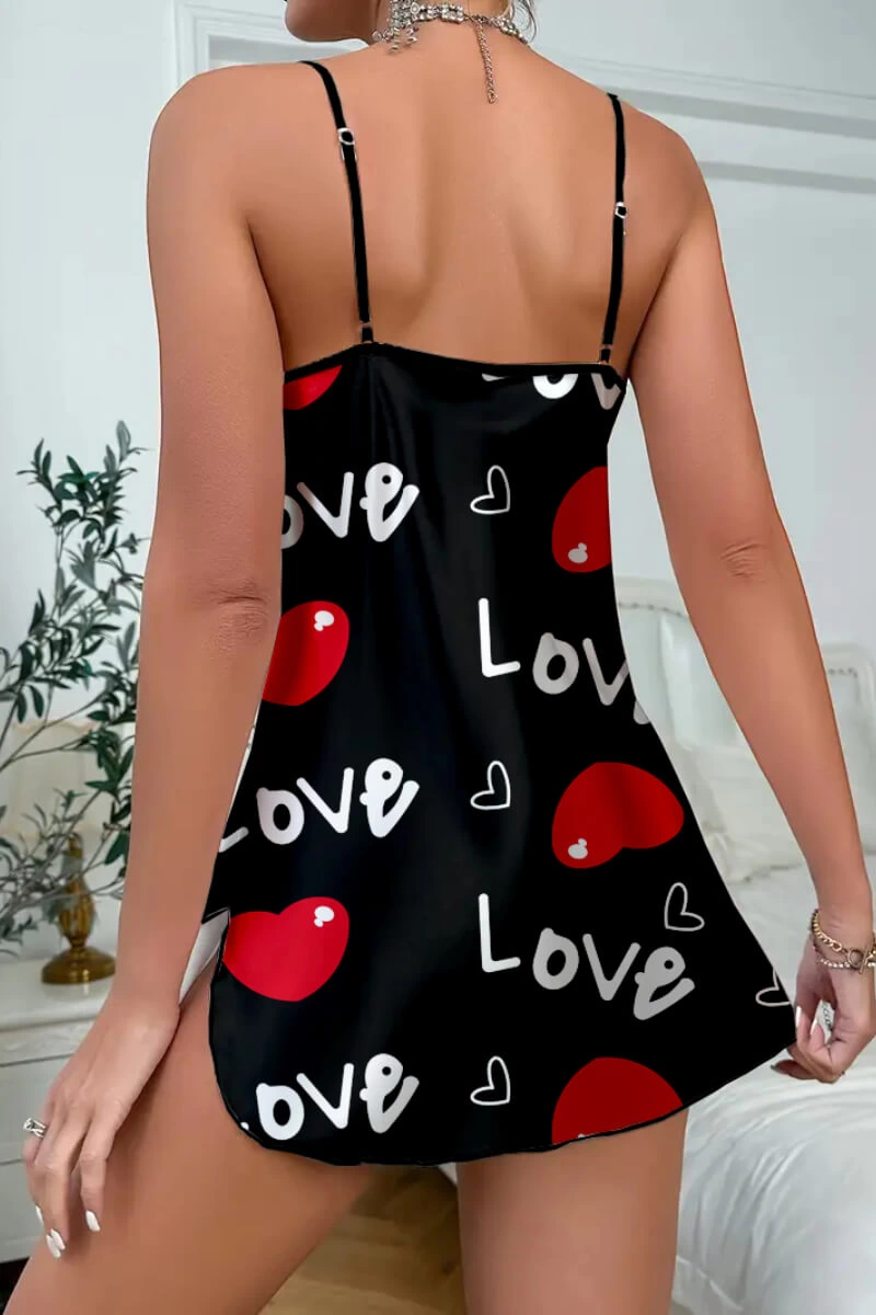 Love Desenli Siyah Saten Gecelik - Görsel 5