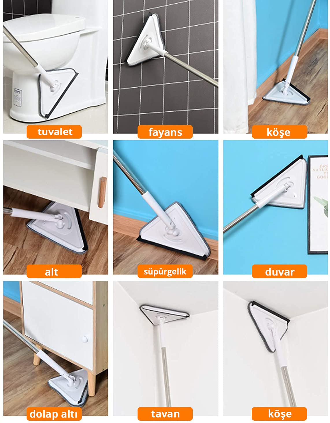 Üçgen Mop Cam Duvar Tavan Fayans Parke Temizleyici Mop - Görsel 4