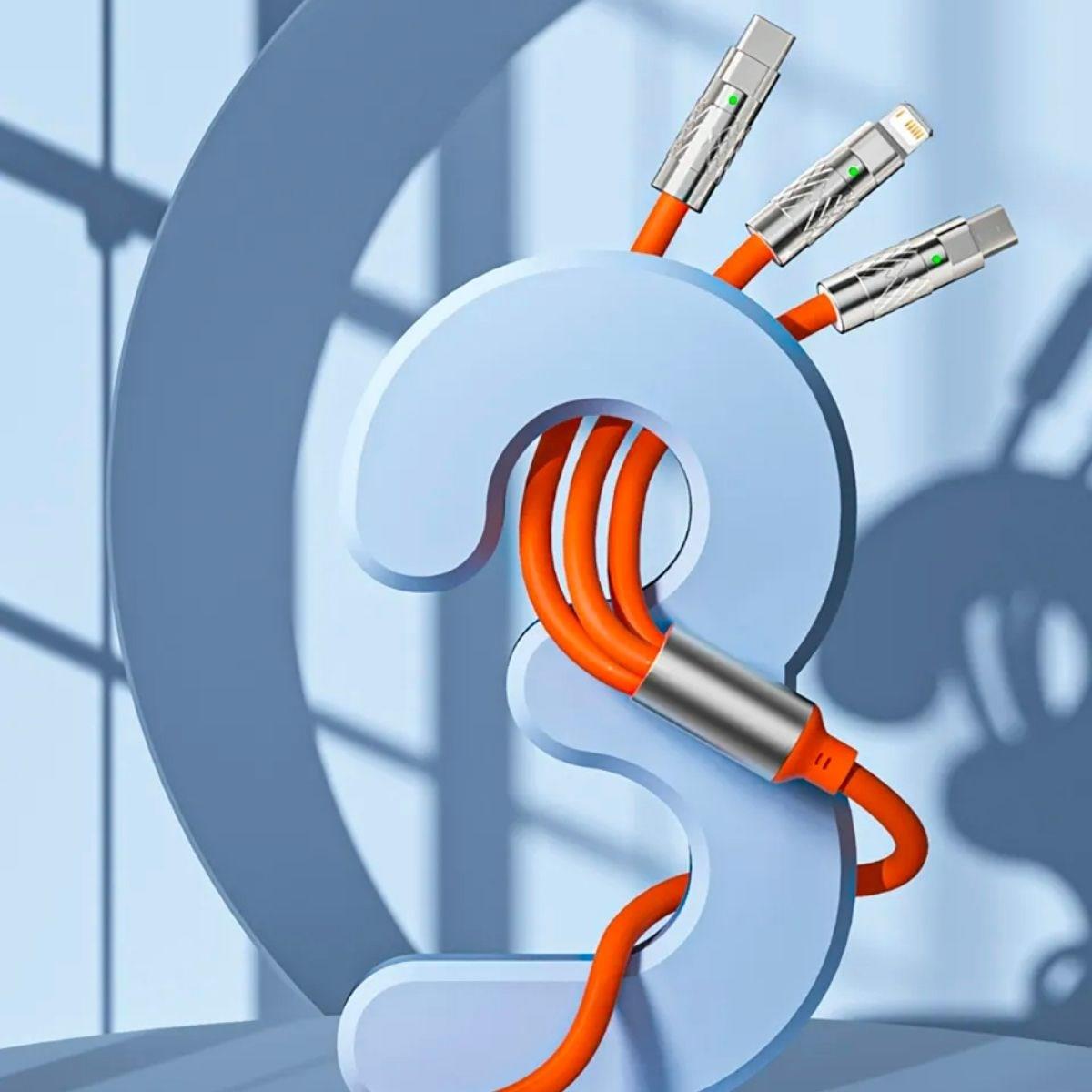 3 Şarj Aleti 1 Arada Çinko Alaşım Hızlı Şarj Kablosu Turuncu - Görsel 4