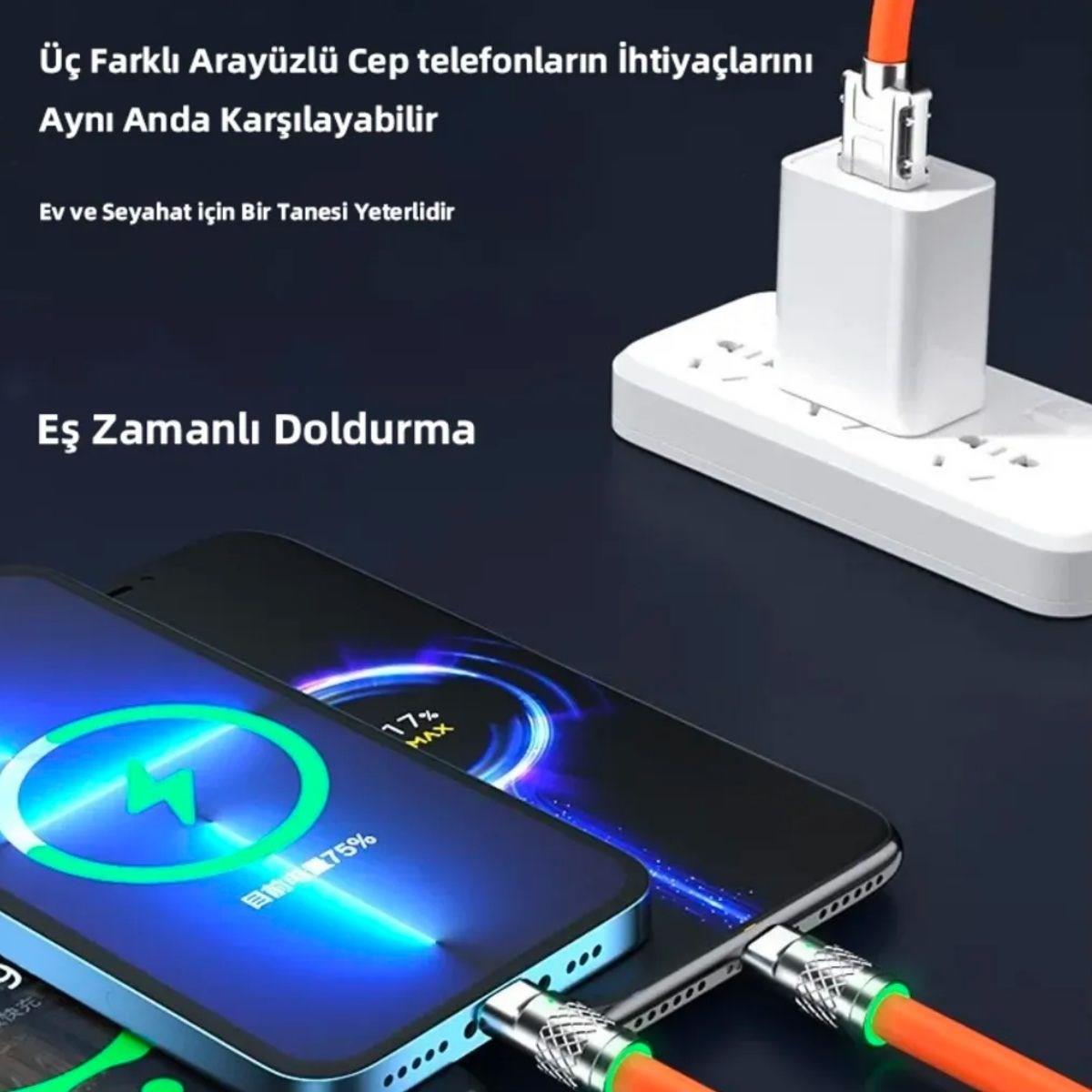 3 in 1 Type-C + Micro Usb + Lightning Hızlı Şarj Kablosu Silikon Kablo 1 Metre Opp Ambalaj - Görsel 4