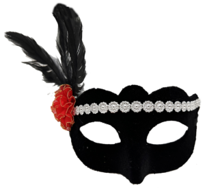 Siyah Renk Süet Kaplama Gümüş Dantelli Kırmızı Gül Tasarımlı Parti Maskesi 18x20 cm