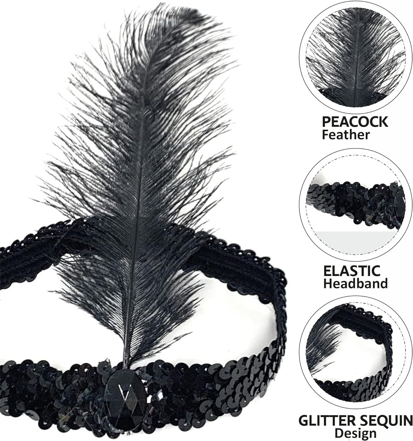 Siyah Renk Tüylü Çarliston Saç Bandı Kafa Bandı - Görsel 3