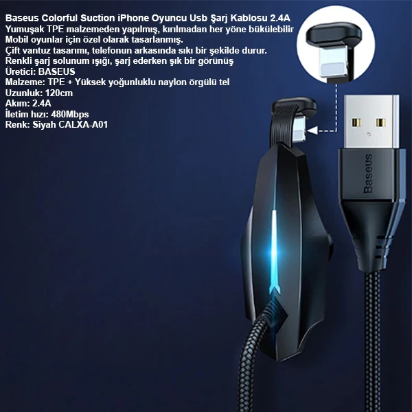 Baseus Colorful Suction iPhone Oyuncu Usb Şarj Kablosu 2.4A 1.2m-(5775) - Görsel 3