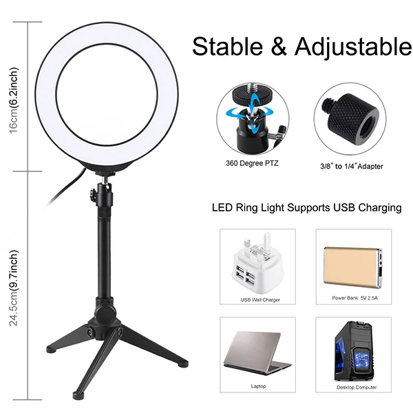 PULUZ 6.2CM PKT3032 Led Işık 16cm Stand YoutuberCanlı Yayın Selfie TikTok Makeup-(5775) - Görsel 4