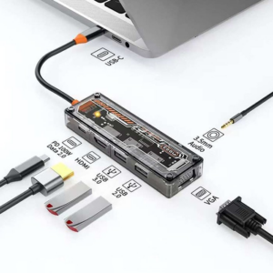 ALLY 6in1 Type-c To USB3.0 + USB2.0 + Type-c PD 100W + HDMI + VGA + 3.5mm  Çoğaltıc Transparanı Hub-(5775)