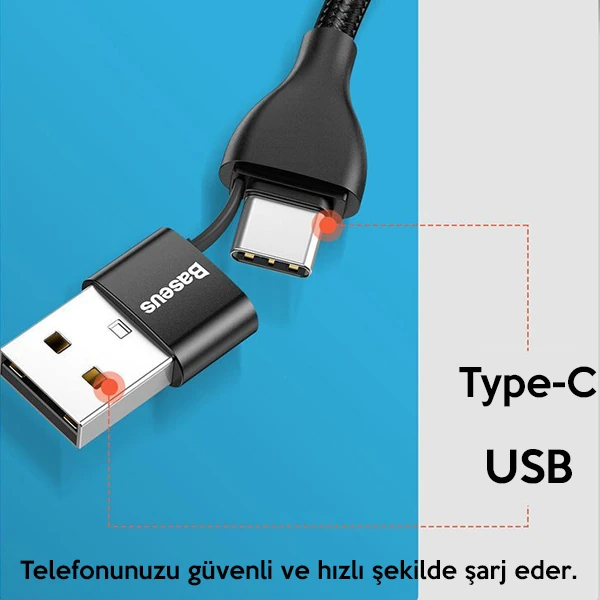 Baseus 2in1 Dual Output Cable/USB-A+Type-C İPhone 18W Hızlı Şarj Usb Kablo 1m-(5775) - Görsel 2