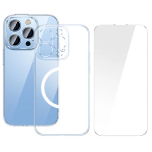 Baseus iPhone 15 Pro Max Crystal Serisi Manyetik Magsafe Silikon Kılıf + Tempered Ekran Koruyucu Set-(5775)