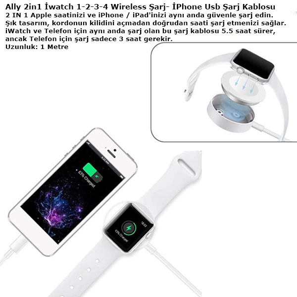 Ally 2in1 Apple Watch Şarj- İPhone Usb Şarj Kablosu-(5775) - Görsel 3