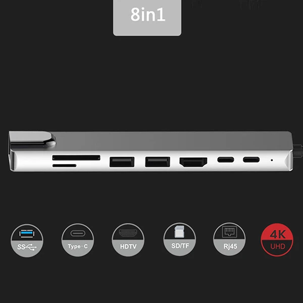 Ally 8 Port Usb 8in1 3.0 Type-C Hdmi 3XUSB+2 PD) RJ45 Hub Adaptör Çoklayıcı TF SD Kart-(5775) - Görsel 4