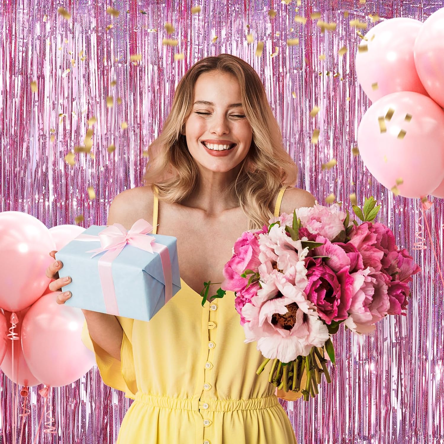 Rose Gold Renk Ekstra Metalize Parlak Saçaklı Arka Fon Perde İthal A Kalite 1x2 Metre - Görsel 3