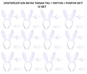 Beyaz Tavşan Kostüm Seti – Taç, Papyon, Kuyruk (12’li Paket)