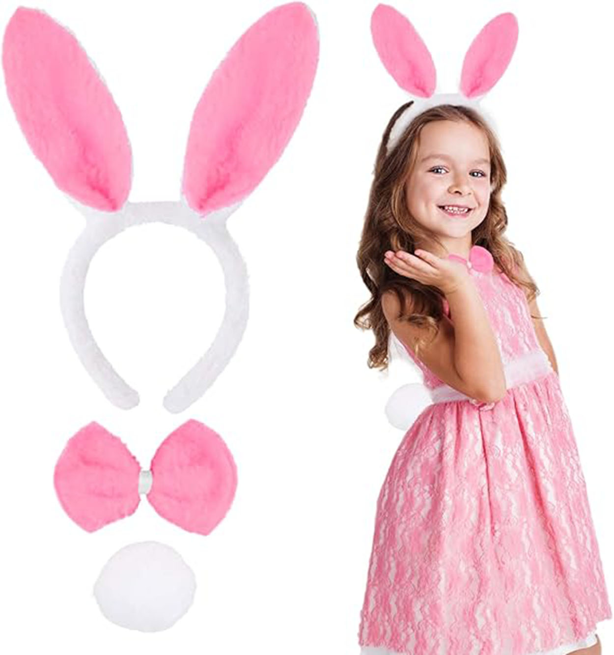 Pembe Tavşan Kostüm Seti – Taç, Papyon, Ponpon (12’li Paket) - Görsel 2