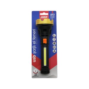 ORTA=19CM 2İN1= OSL LED - COB LED USB ŞARJLI EL FENERİ 3-KADEME IŞIK - FLAŞÖR ŞARJ GÖSTERGE