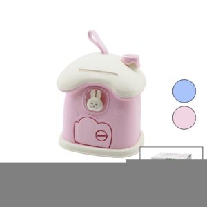 BÜYÜK=18X16X18CM EV MODELİ KİLİTLİ RENKLİ PLASTİK ÇOCUK KUMBARA TAVŞAN FİGÜRLÜ