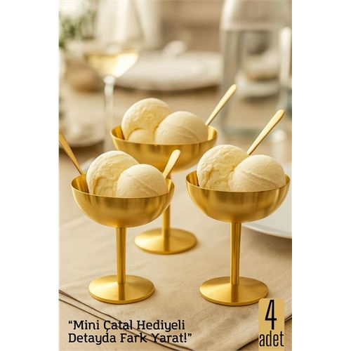HSNET 4 lü Gold Inox Çelik Ayaklı Dondurma ve Sunum Kasesi – Tatlı Lokum ve Sunum Kabı