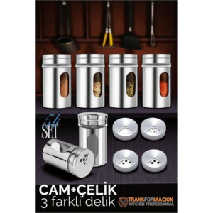 HSNET Cam+Çelik Tuzluk Biberlik Karabiberlik 3 Farklı Delikli 5 li SET