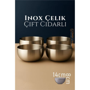 HSNET Çift Cidarlı Kase - Inox Çelik Kase  14 cm 4 LÜ SET