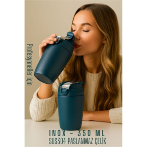 HSNET Inox Çelik Kahve Bardağı - 350 ml  SUS304 Çelik Termos Profesyonel MAVİ