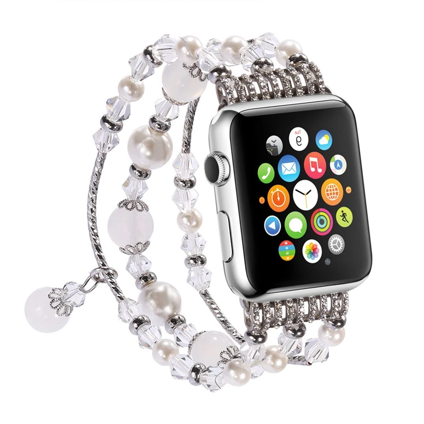 Ally Apple Watch 7-8 41mm 6-5-4 40mm Boncuk Taşlı Lux Kordon Kayış 3-2-1 38mm-(5775)