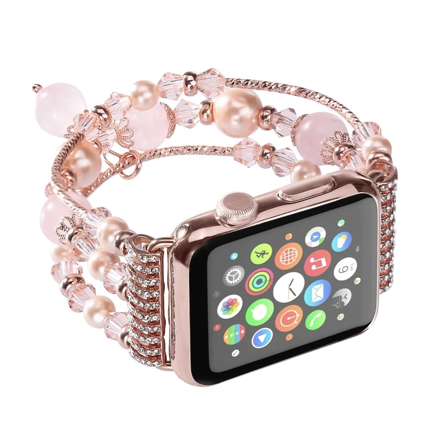 Ally Apple Watch 7-8 41mm 6-5-4 40mm Boncuk Taşlı Lux Kordon Kayış 3-2-1 38mm-(5775) - Görsel 2