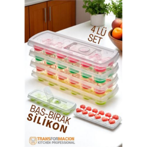 HSNET Buz Kalıbı - Bas-Bırak Kapaklı Silikon Buz Kalıbı 4 lü SET